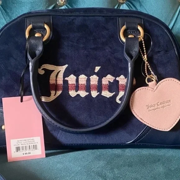 Juicy Couture Retro Vibe Satchel Regal Blue Velvet Velour Crossbody Bag NWT $99